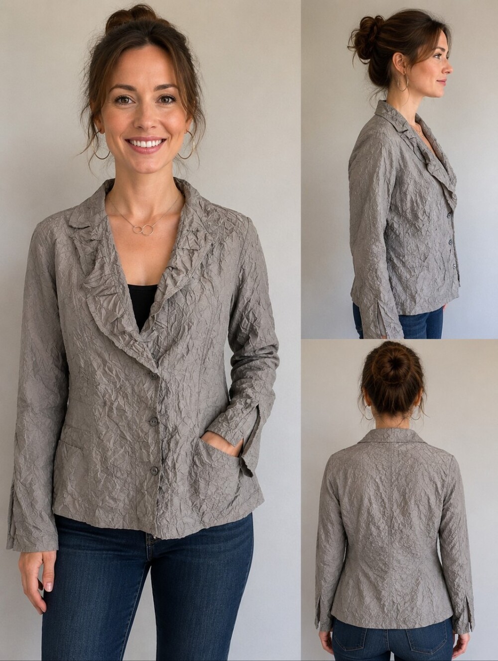 Chico's Textured Crinkle Button-Front Jacket in Taupe